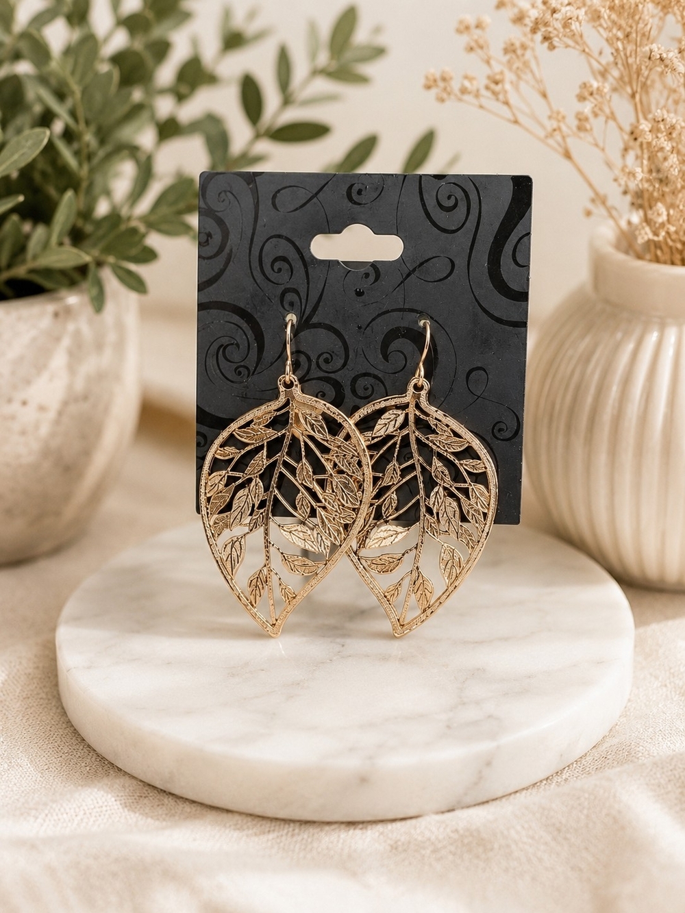 Gold Leaf Filigree Drop Earrings - Elegant Women Jewelry